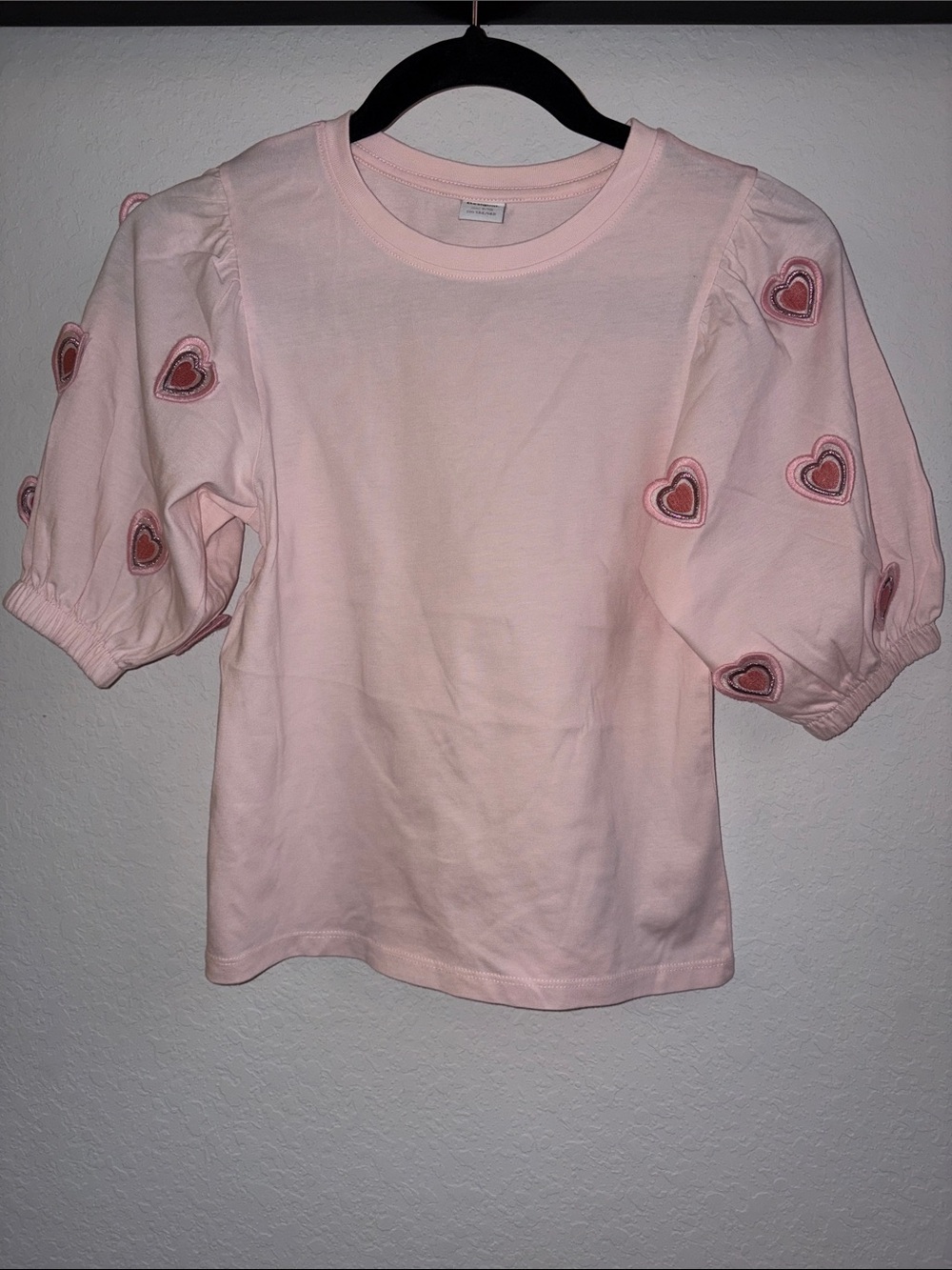 Desigual Light Pink Puff-Sleeve Top with Heart Patches